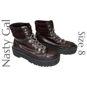 Nasty Gal - Brown Platform Lace‑Up Boots - Chunky Lug Sole Padded Ankle -Size 8